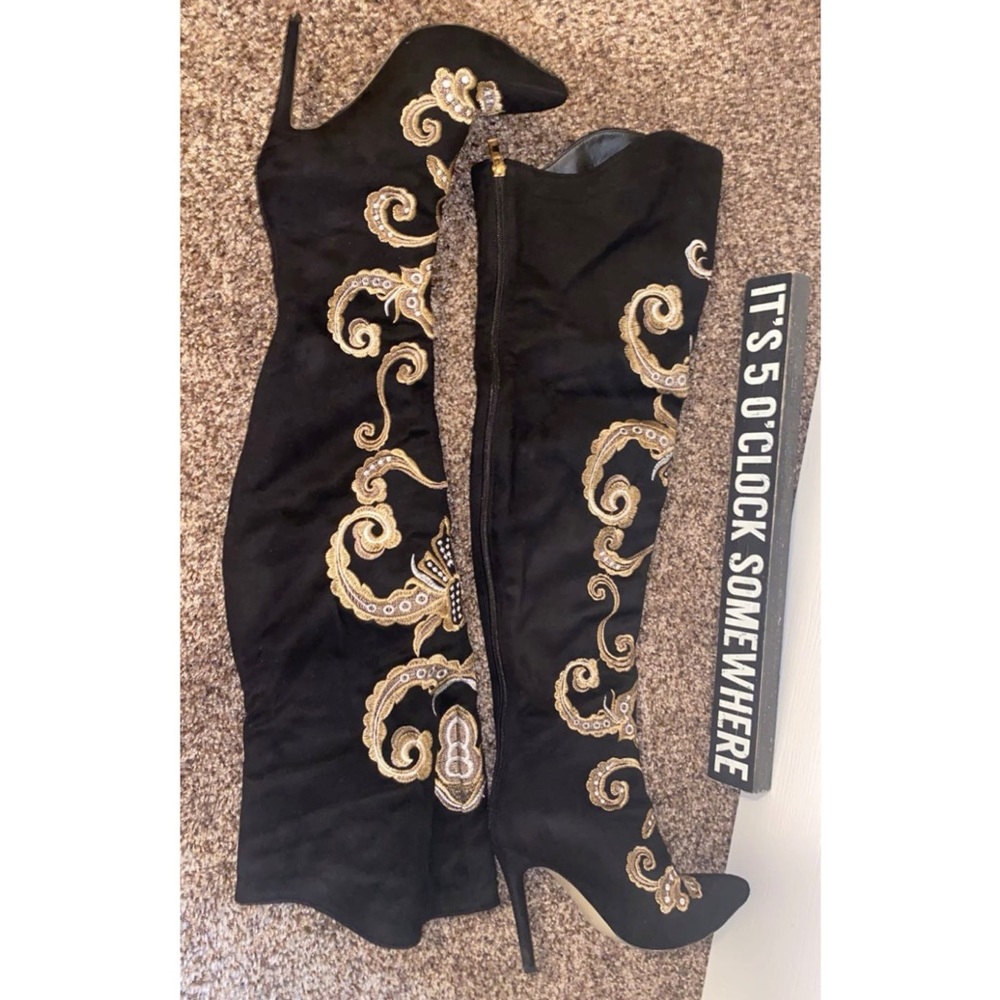 Black suede embroidered knee high heels boots